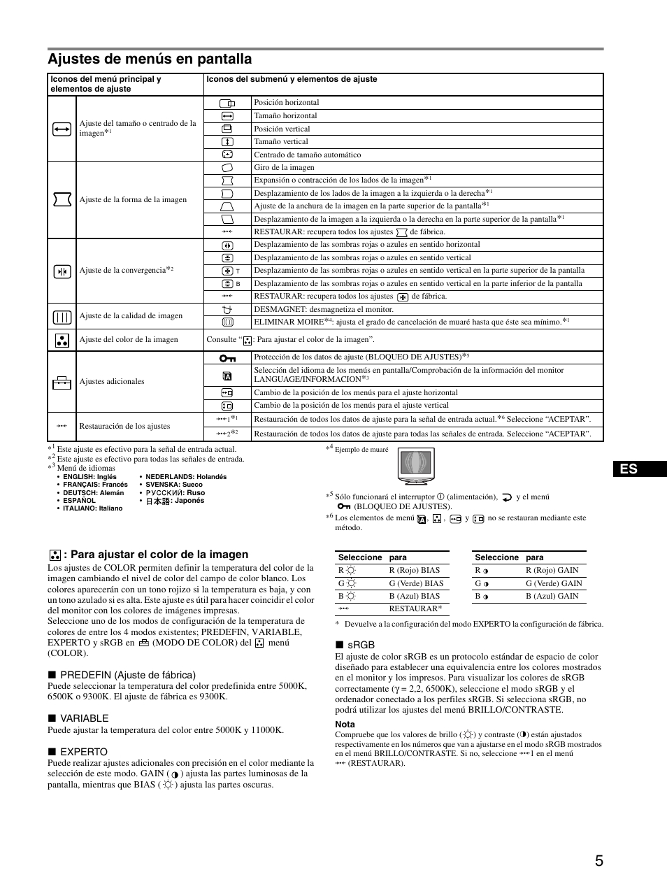 Ajustes de menús en pantalla, Para ajustar el color de la imagen | Sony CPD-E430 User Manual | Page 23 / 52