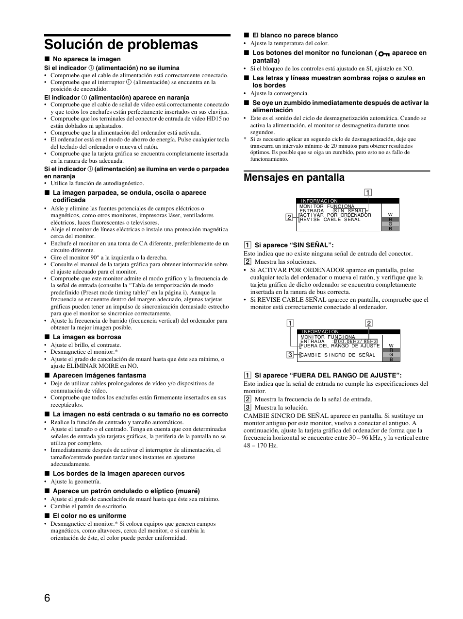 Solución de problemas, Mensajes en pantalla | Sony CPD-E430 User Manual | Page 24 / 52