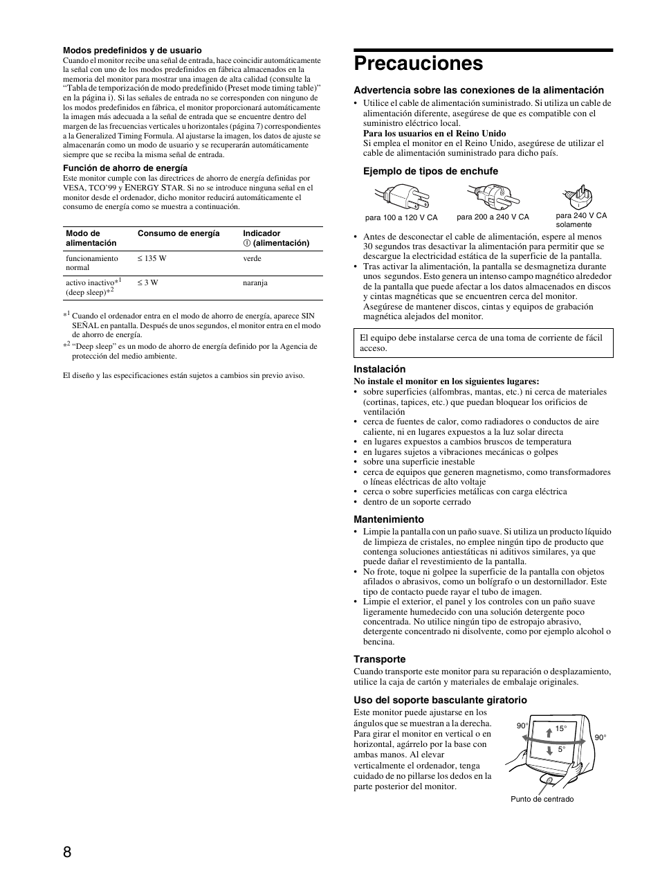 Precauciones | Sony CPD-E430 User Manual | Page 26 / 52