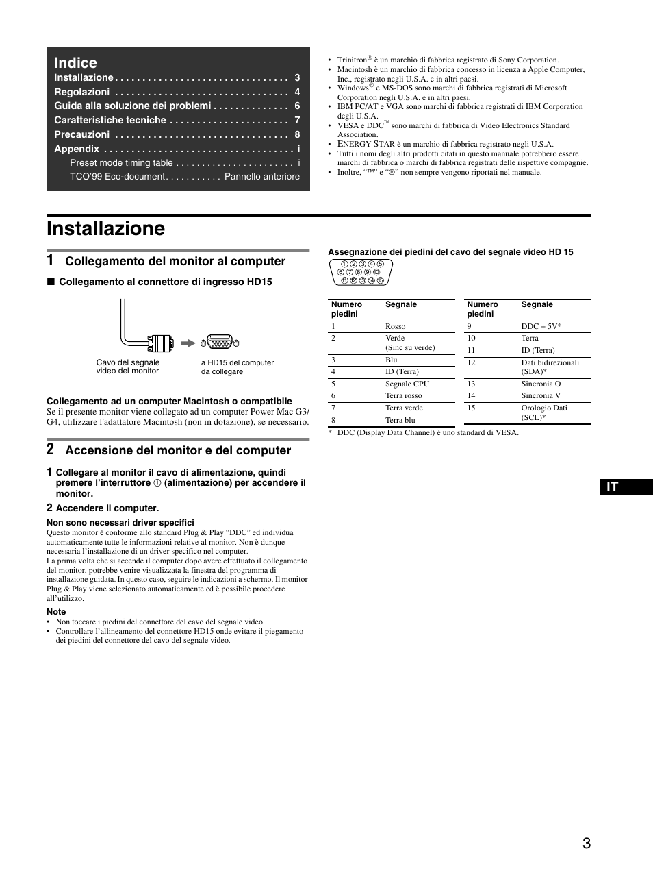 E430it.pdf, Installazione, 1 collegamento del monitor al computer | Indice, Collegamento del monitor al computer, Accensione del monitor e del computer | Sony CPD-E430 User Manual | Page 27 / 52