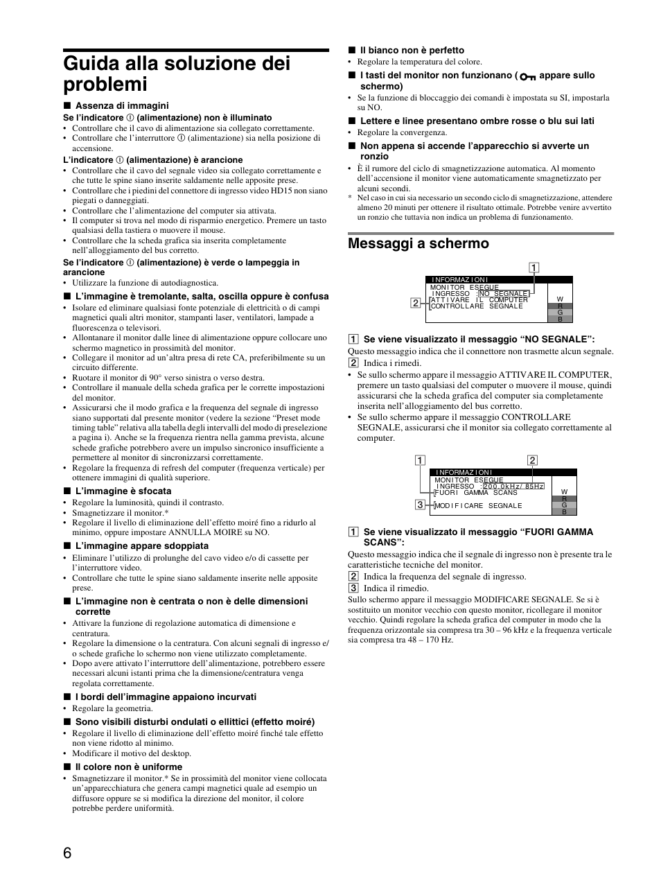 Guida alla soluzione dei problemi, Messaggi a schermo | Sony CPD-E430 User Manual | Page 30 / 52