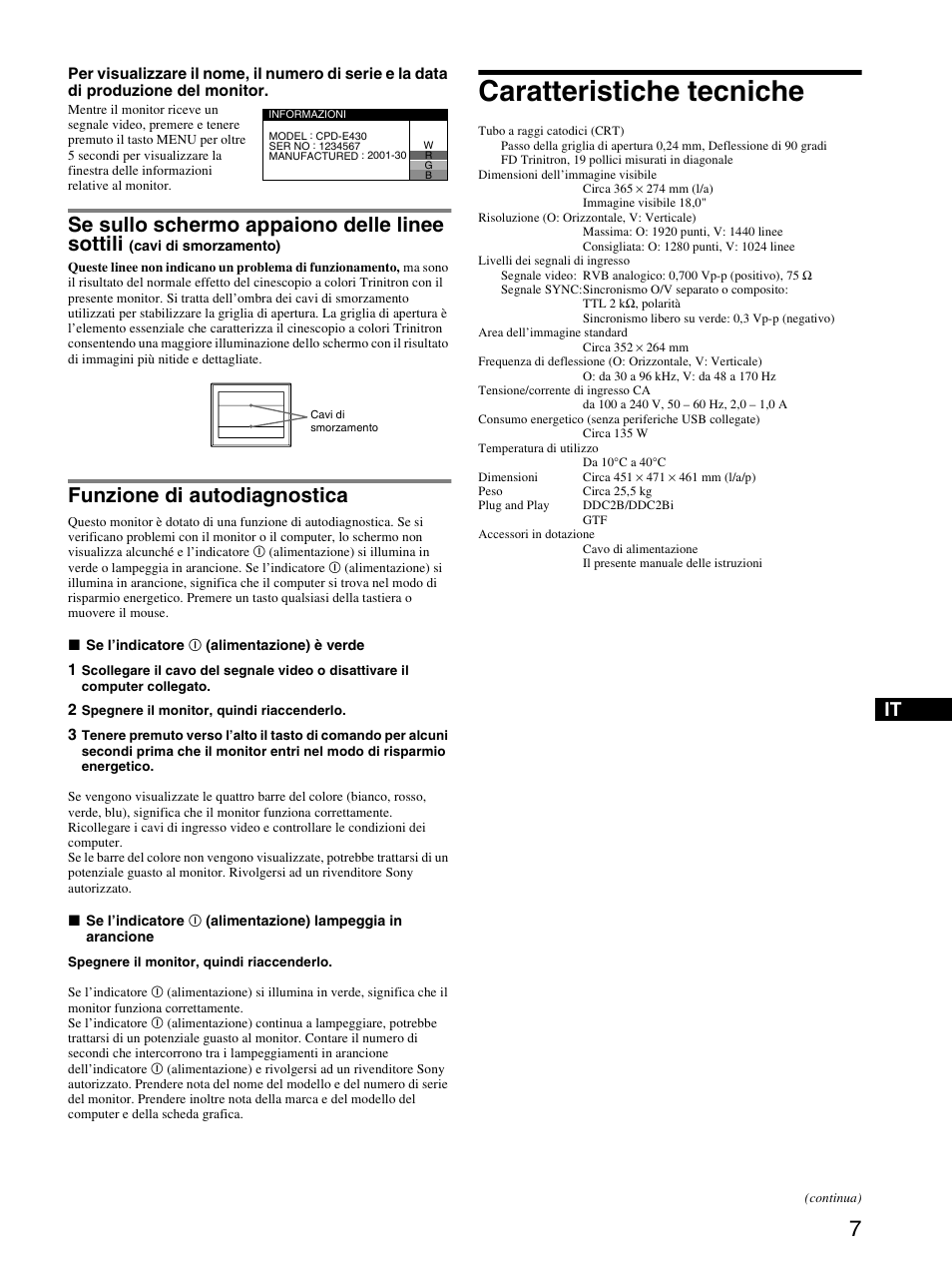 Funzione di autodiagnostica, Caratteristiche tecniche, Se sullo schermo appaiono delle linee sottili | Sony CPD-E430 User Manual | Page 31 / 52