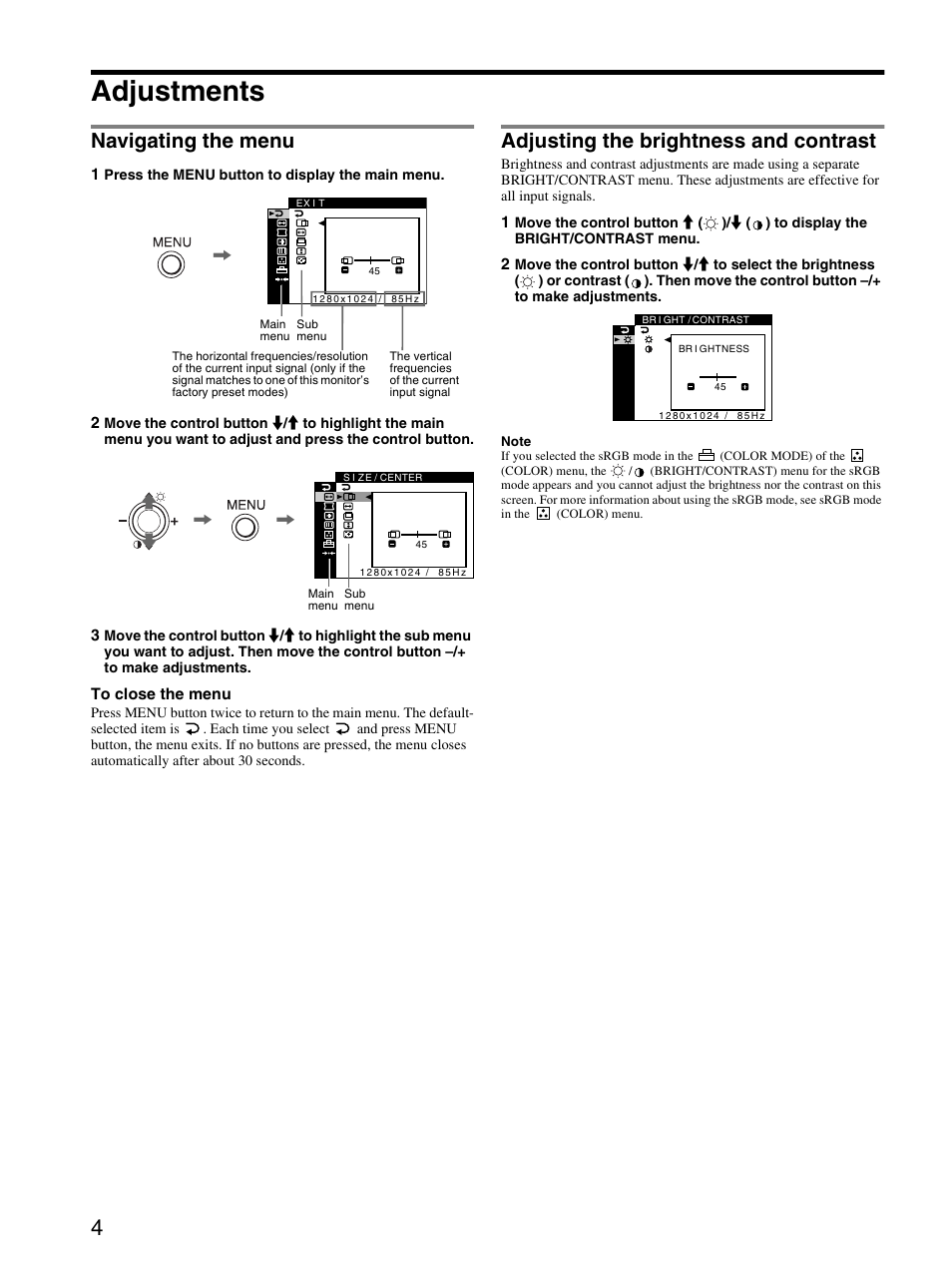 Adjustments, Navigating the menu, Adjusting the brightness and contrast | Sony CPD-E430 User Manual | Page 4 / 52