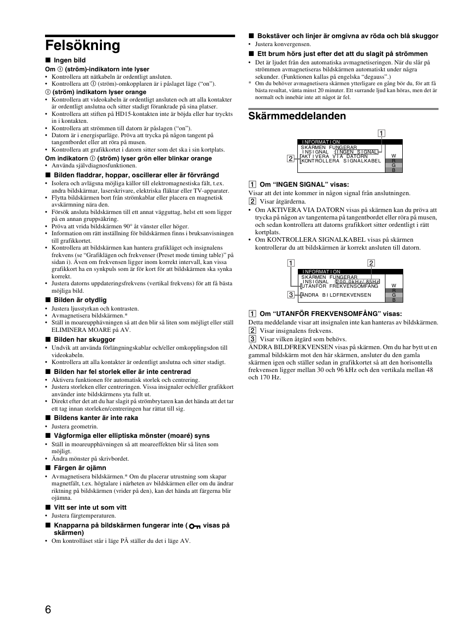 Felsökning, Skärmmeddelanden | Sony CPD-E430 User Manual | Page 42 / 52