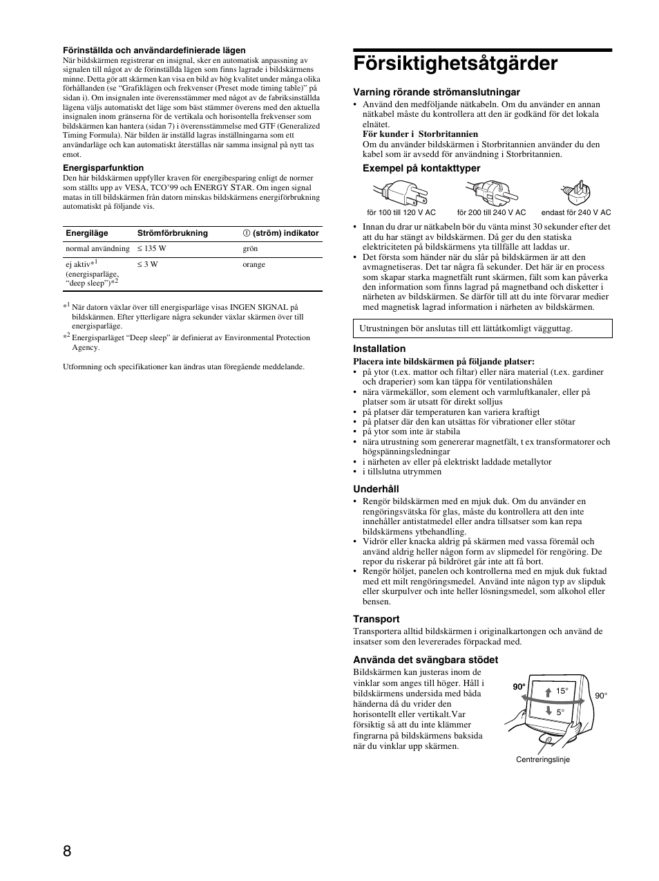 Försiktighetsåtgärder | Sony CPD-E430 User Manual | Page 44 / 52