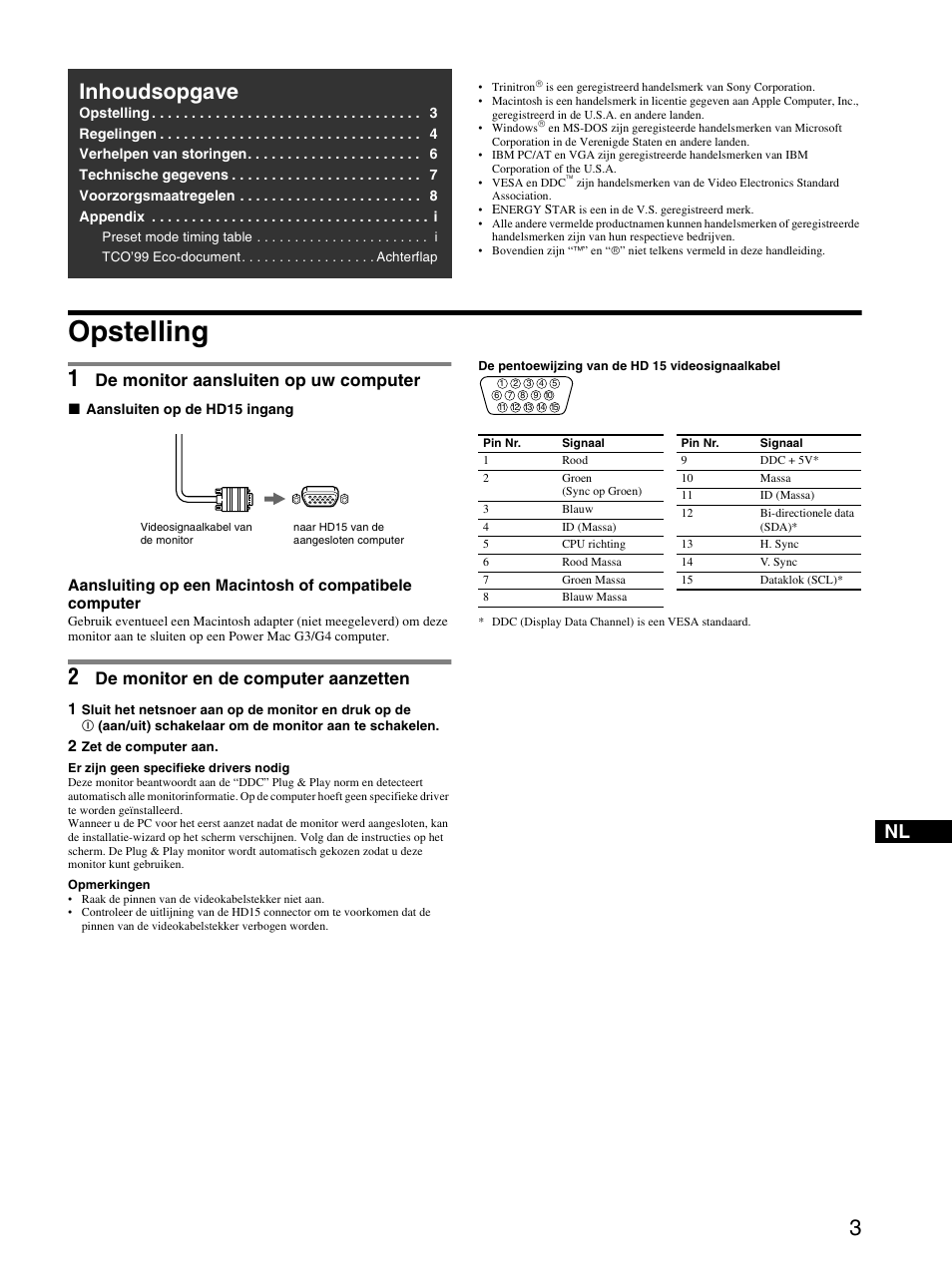 E430nl.pdf, Opstelling, 1 de monitor aansluiten op uw computer | 2 de monitor en de computer aanzetten, Inhoudsopgave, De monitor aansluiten op uw computer, De monitor en de computer aanzetten | Sony CPD-E430 User Manual | Page 45 / 52