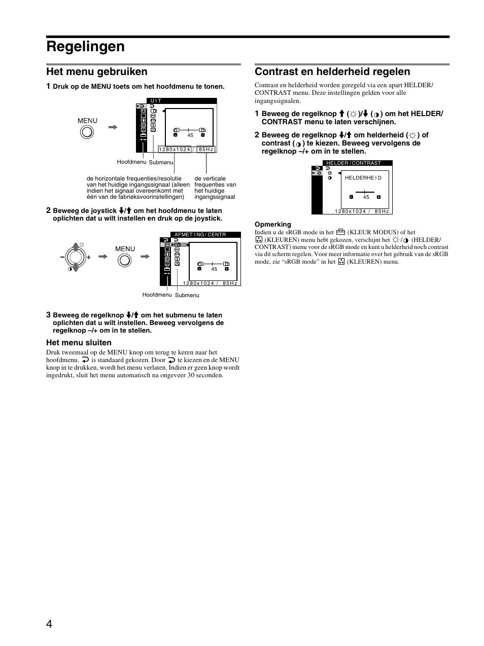 Regelingen, Het menu gebruiken, Contrast en helderheid regelen | Sony CPD-E430 User Manual | Page 46 / 52