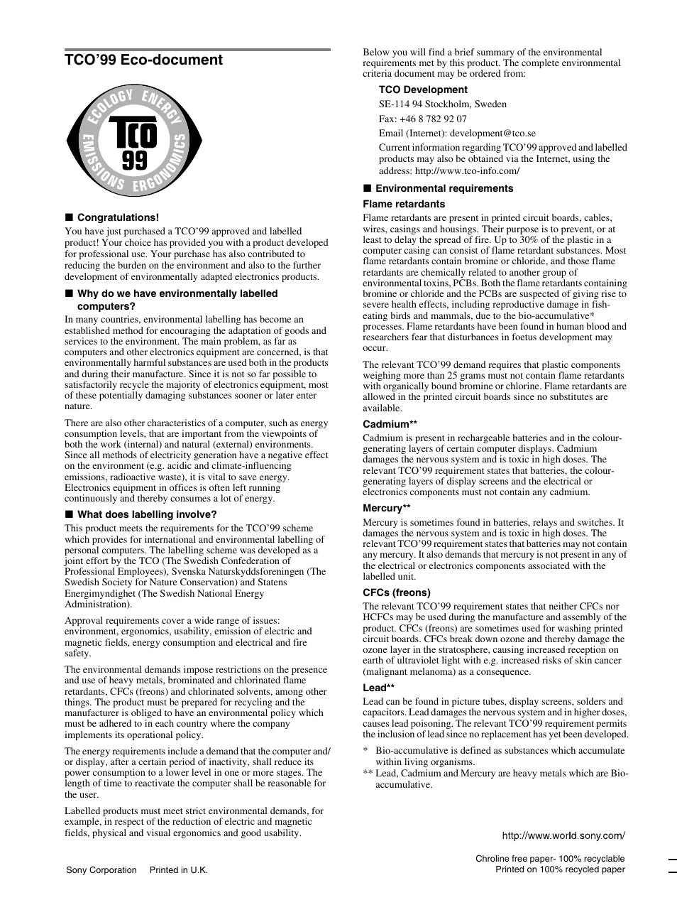 Tco’99 eco-document | Sony CPD-E430 User Manual | Page 52 / 52