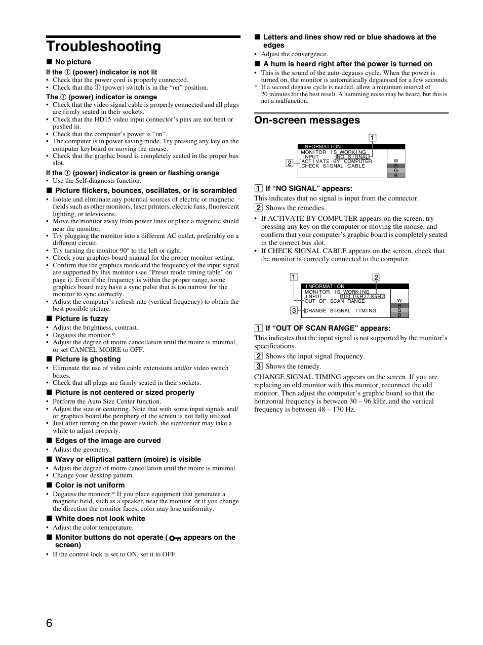 Troubleshooting, On-screen messages | Sony CPD-E430 User Manual | Page 6 / 52