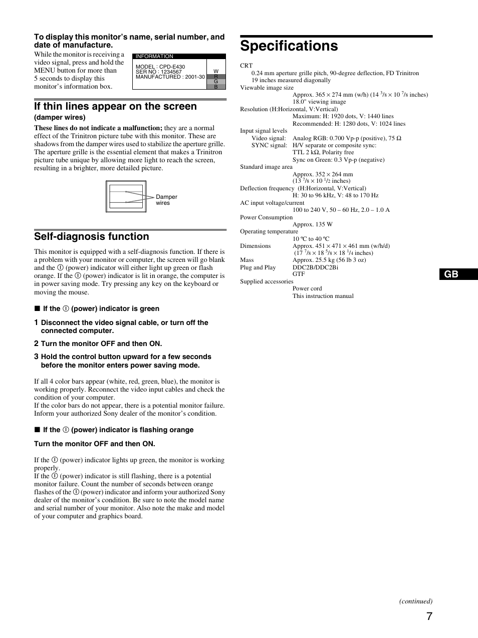 If thin lines appear on the screen (damperwires), Self-diagnosis function, Specifications | If thin lines appear on the screen | Sony CPD-E430 User Manual | Page 7 / 52