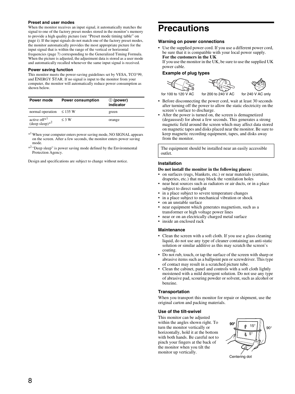Precautions | Sony CPD-E430 User Manual | Page 8 / 52