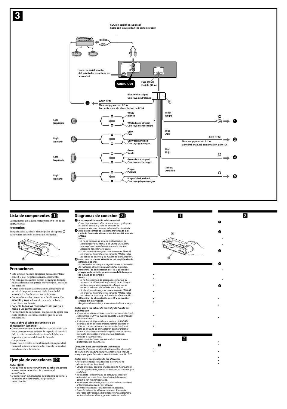 Lista de componentes ( 1 ), Precauciones, Ejemplo de conexiones ( 2 ) | Diagramas de conexión ( 3 ) | Sony CDX-L470X User Manual | Page 2 / 4