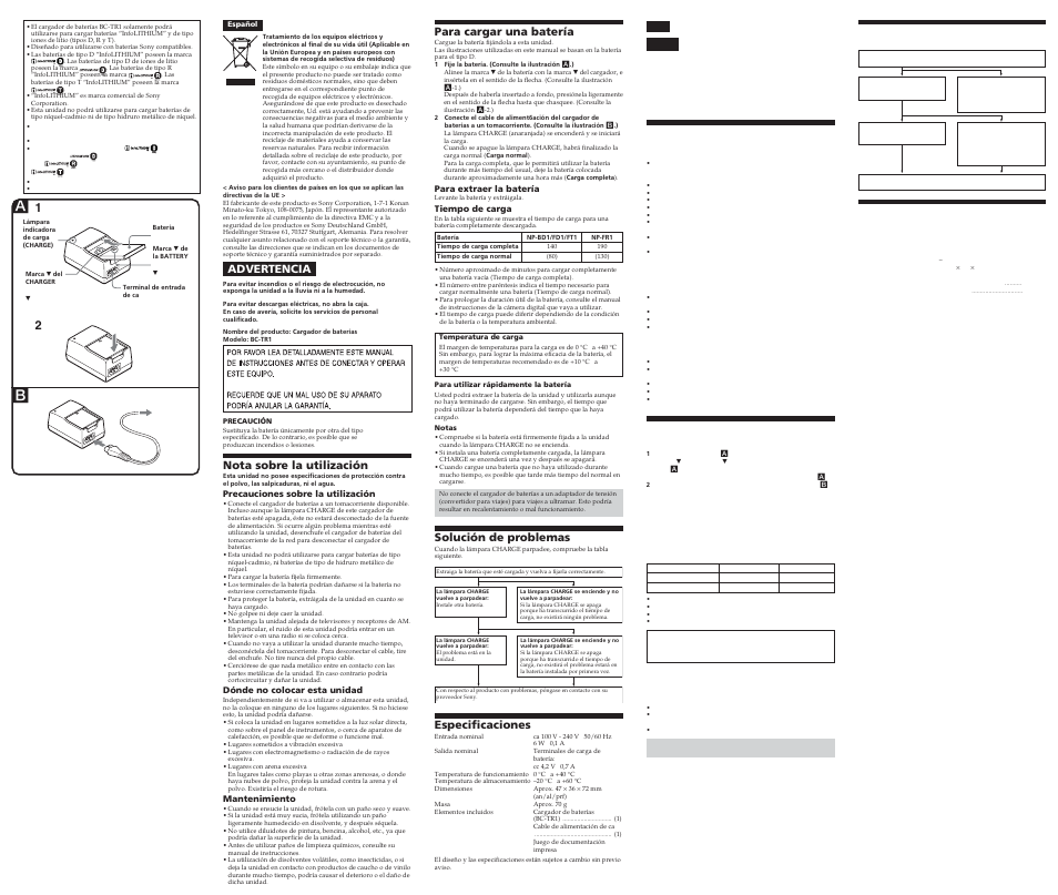 Advertencia, Nota sobre la utilización, Para cargar una batería | Solución de problemas, Especificaciones | Sony BC-TR1 User Manual | Page 2 / 2