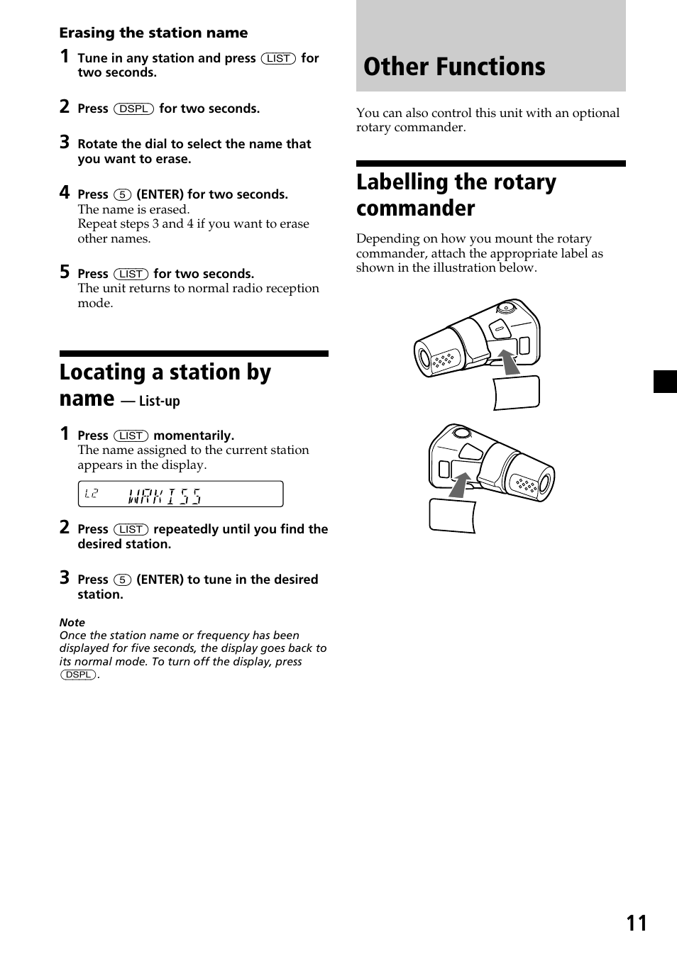 Other functions, Locating a station by name, Labelling the rotary commander | Sony XR-C6200 User Manual | Page 11 / 50