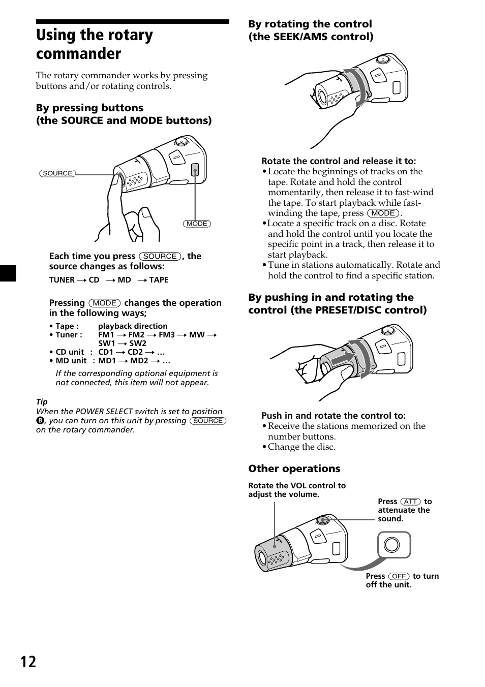 Using the rotary commander | Sony XR-C6200 User Manual | Page 12 / 50