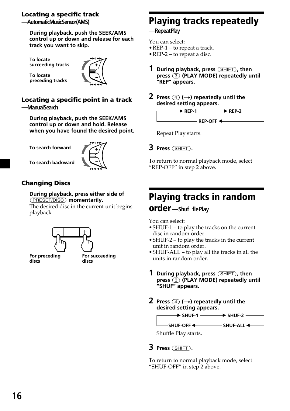 Playing tracks repeatedly, Playing tracks in random order | Sony XR-C6200 User Manual | Page 16 / 50