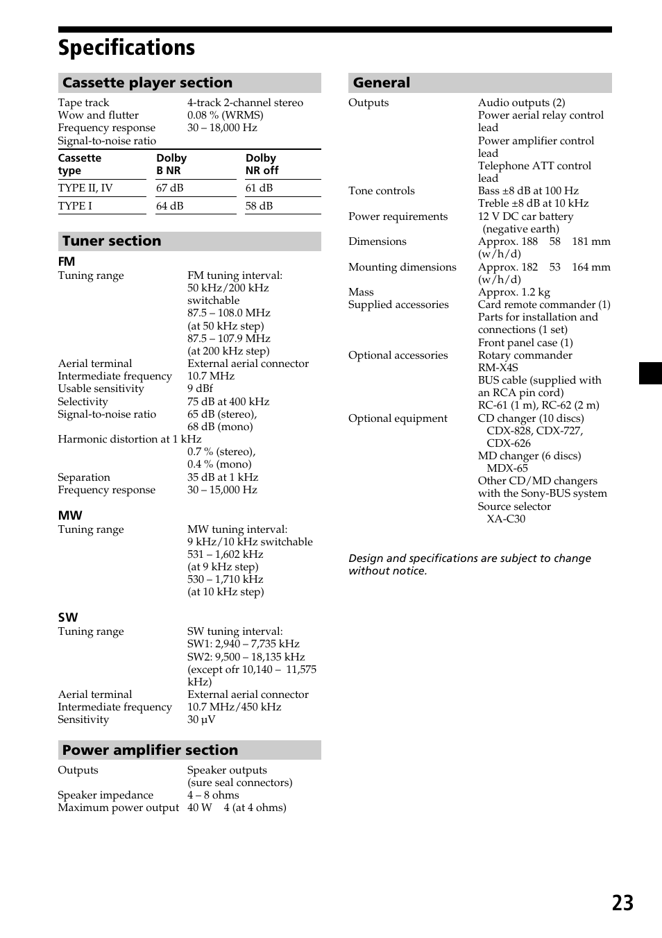 23 specifications, General | Sony XR-C6200 User Manual | Page 23 / 50