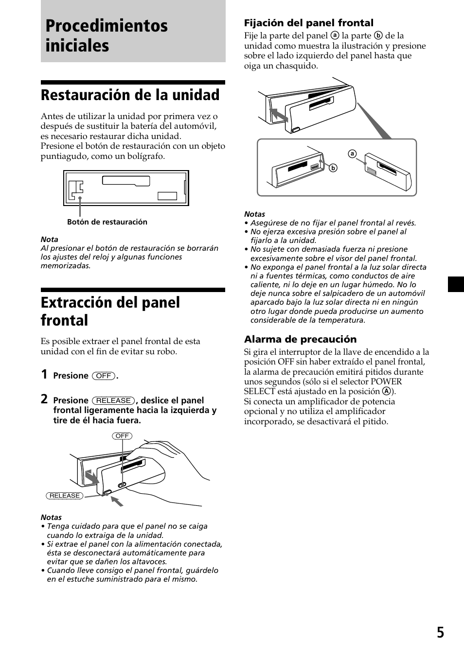 Procedimientos iniciales, Restauración de la unidad, Extracción del panel frontal | Sony XR-C6200 User Manual | Page 29 / 50