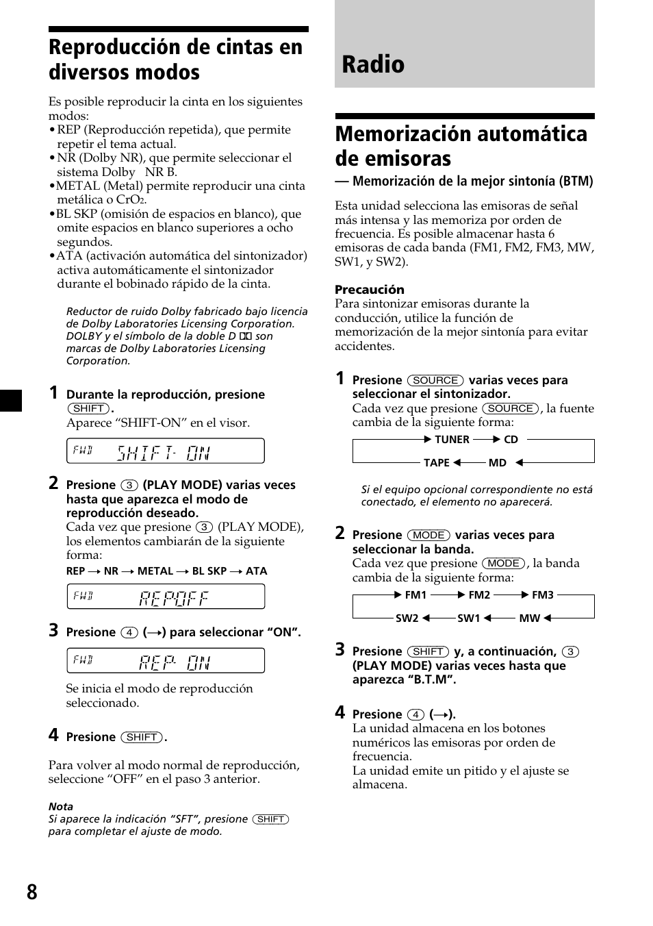 Radio, 8reproducción de cintas en diversos modos | Sony XR-C6200 User Manual | Page 32 / 50