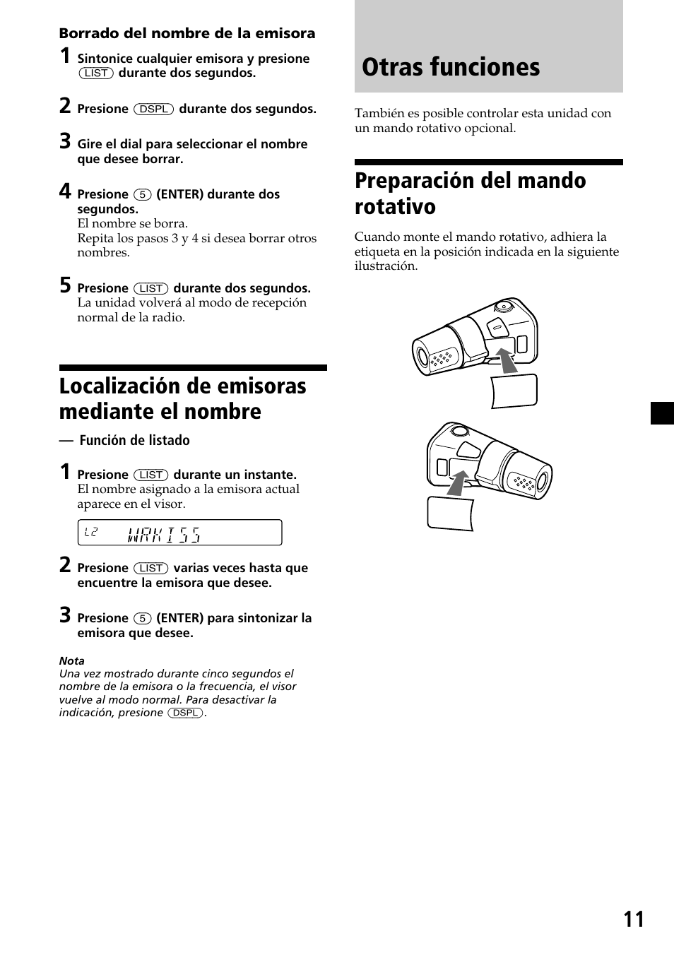 Otras funciones, Localización de emisoras mediante el nombre, Preparación del mando rotativo | Sony XR-C6200 User Manual | Page 35 / 50