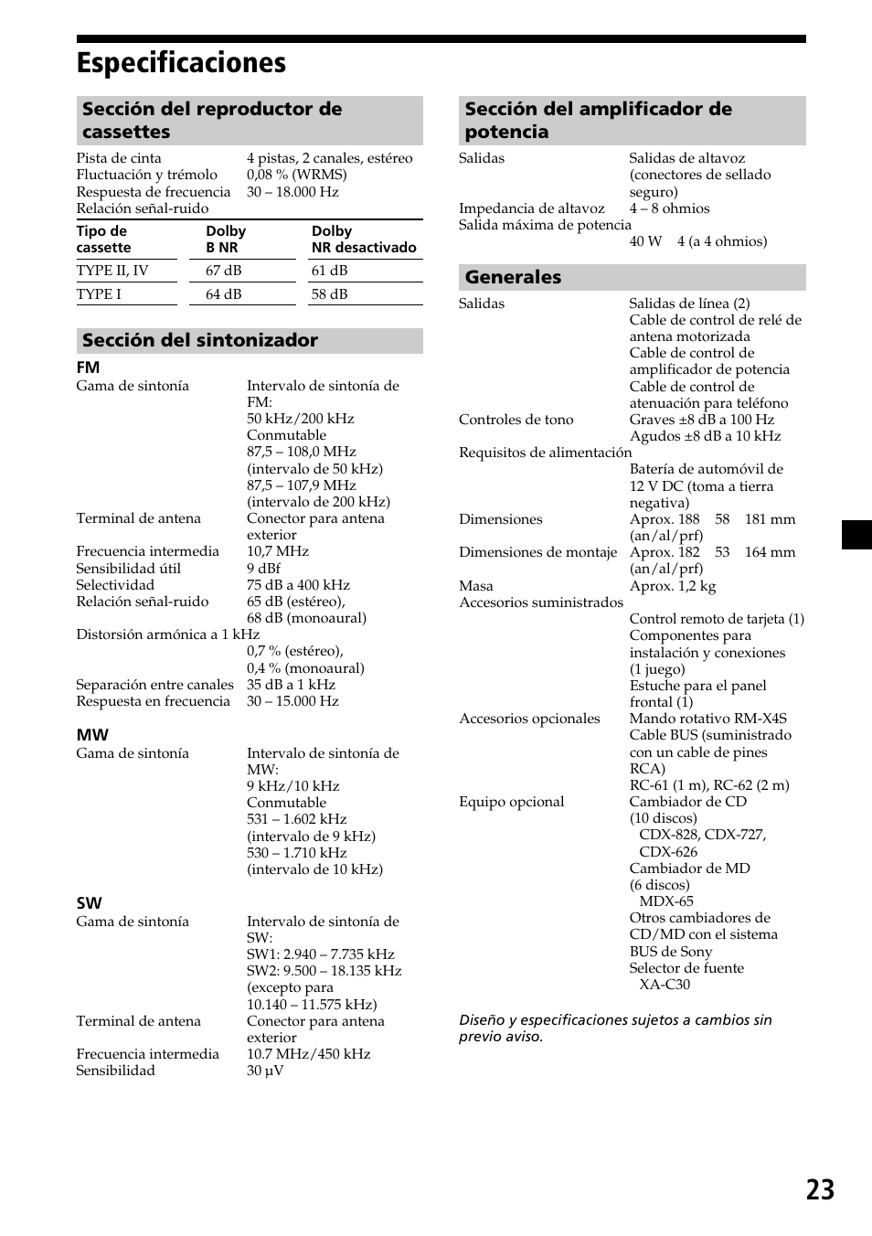 23 especificaciones, Sección del reproductor de cassettes, Sección del sintonizador | Sección del amplificador de potencia, Generales | Sony XR-C6200 User Manual | Page 47 / 50