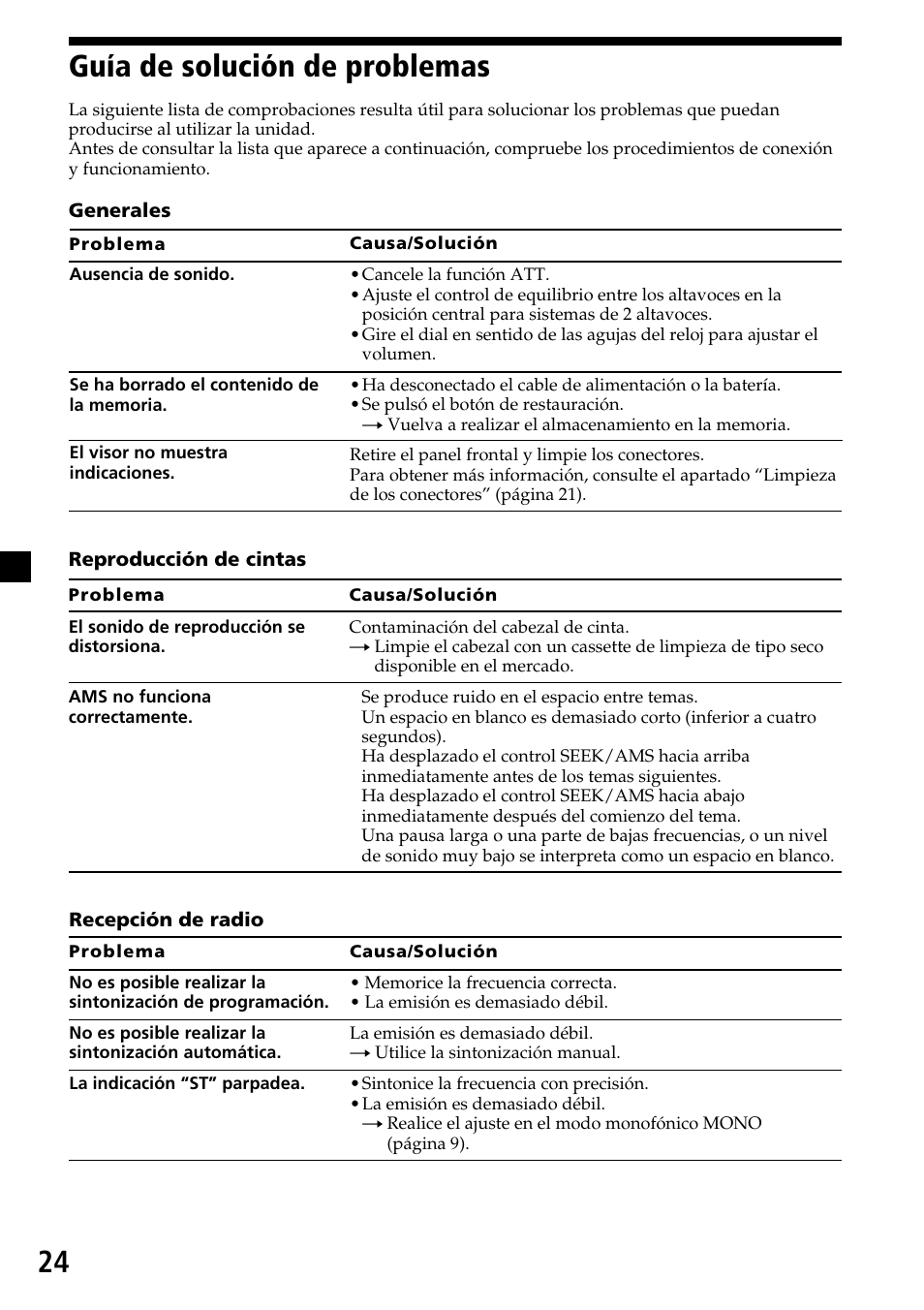 24 guía de solución de problemas | Sony XR-C6200 User Manual | Page 48 / 50