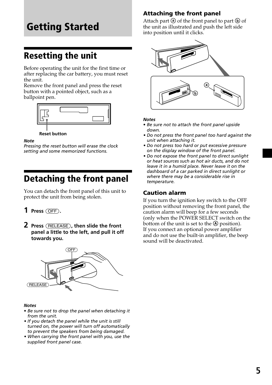 Getting started, Resetting the unit, Detaching the front panel | Sony XR-C6200 User Manual | Page 5 / 50