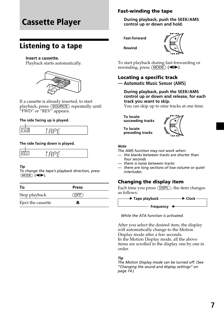 Cassette player, Listening to a tape | Sony XR-C6200 User Manual | Page 7 / 50