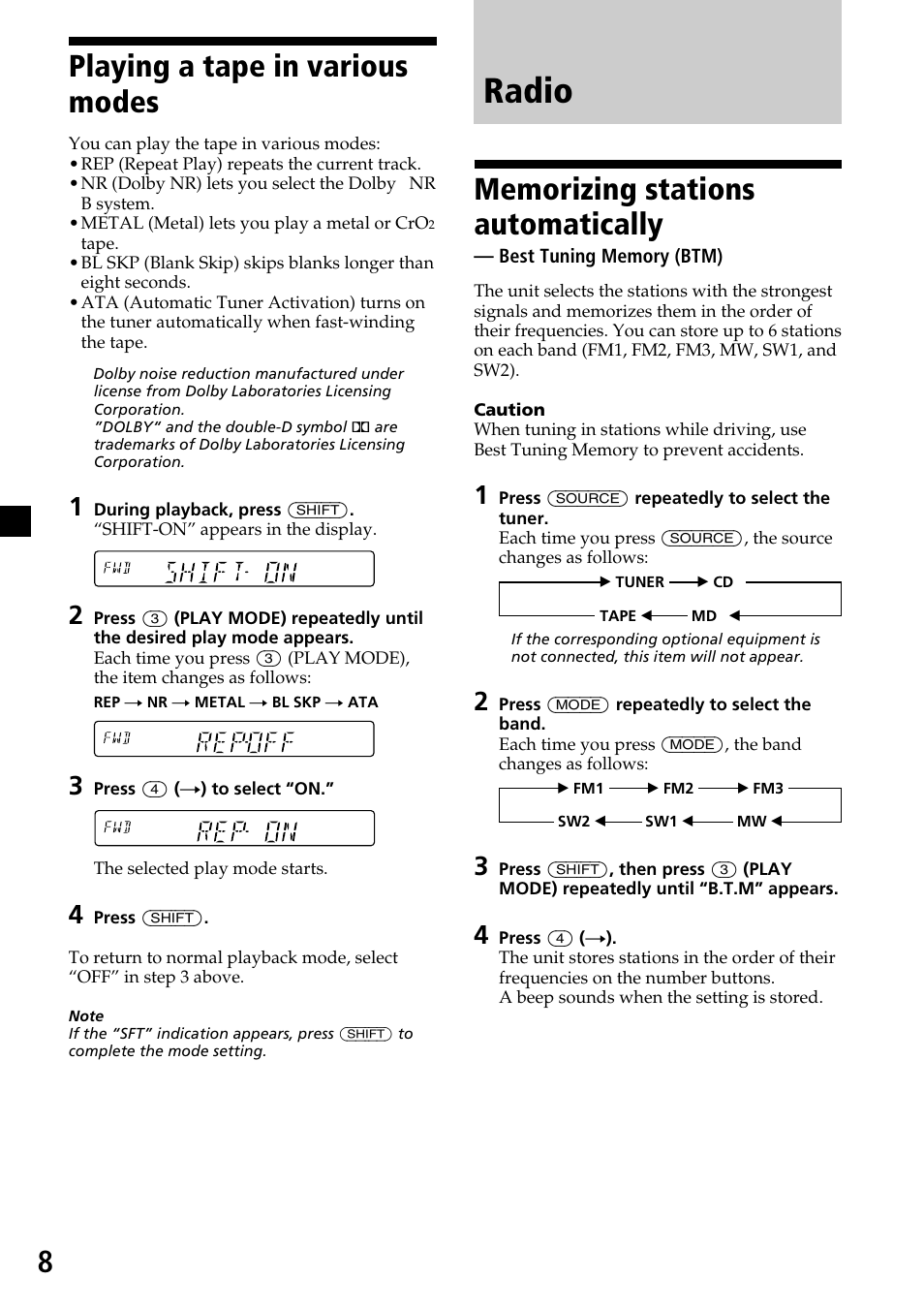 Radio, 8playing a tape in various modes | Sony XR-C6200 User Manual | Page 8 / 50