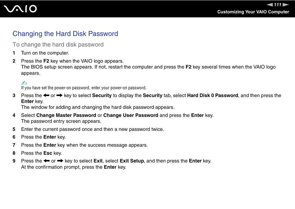 Changing the hard disk password | Sony VGN-TZ10 User Manual | Page 111 / 226