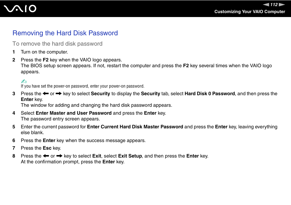 Removing the hard disk password | Sony VGN-TZ10 User Manual | Page 112 / 226