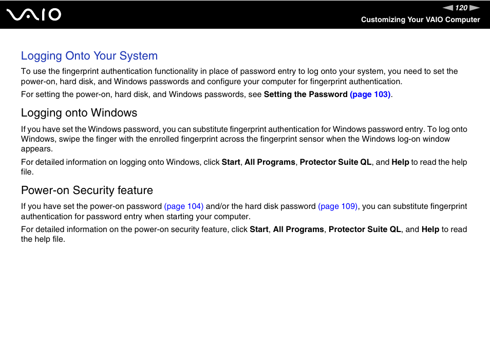 Logging onto your system, Logging onto windows, Power-on security feature | Sony VGN-TZ10 User Manual | Page 120 / 226