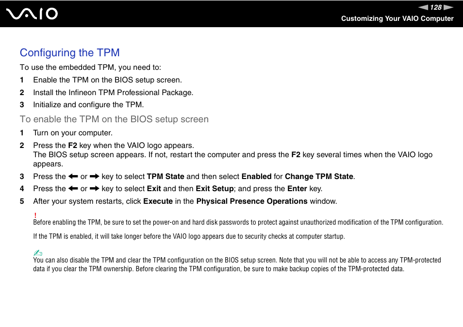 Configuring the tpm | Sony VGN-TZ10 User Manual | Page 128 / 226