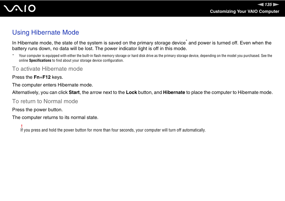 Using hibernate mode | Sony VGN-TZ10 User Manual | Page 135 / 226