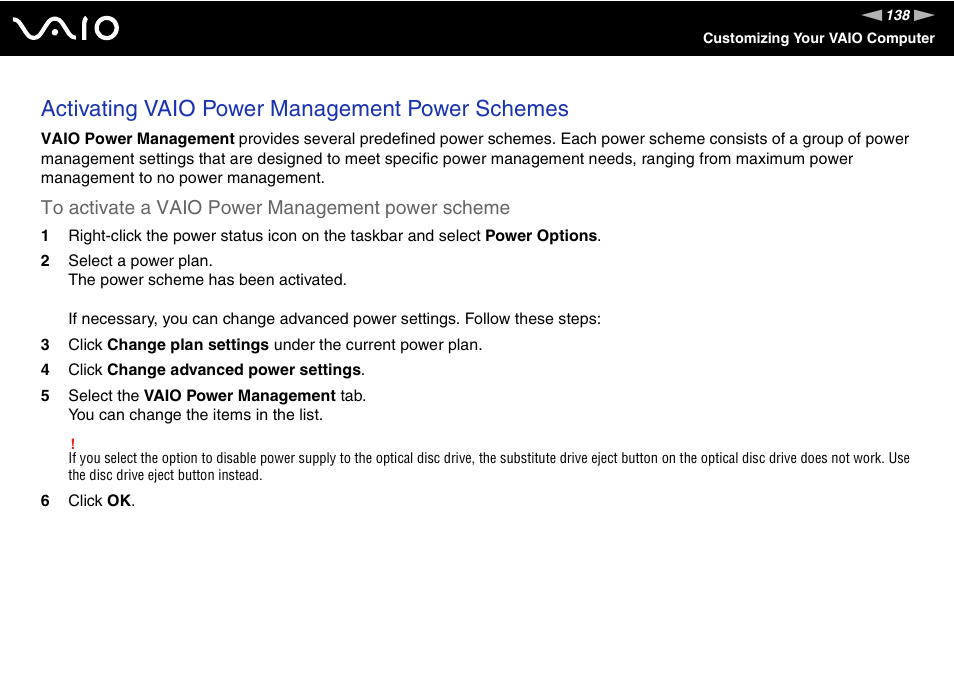 Activating vaio power management power schemes | Sony VGN-TZ10 User Manual | Page 138 / 226