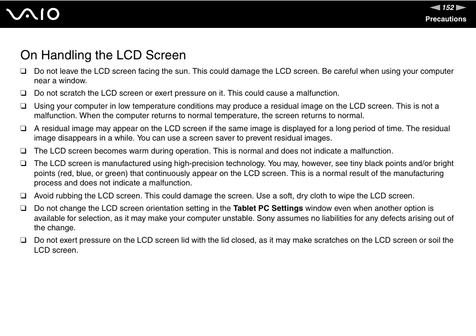 On handling the lcd screen | Sony VGN-TZ10 User Manual | Page 152 / 226