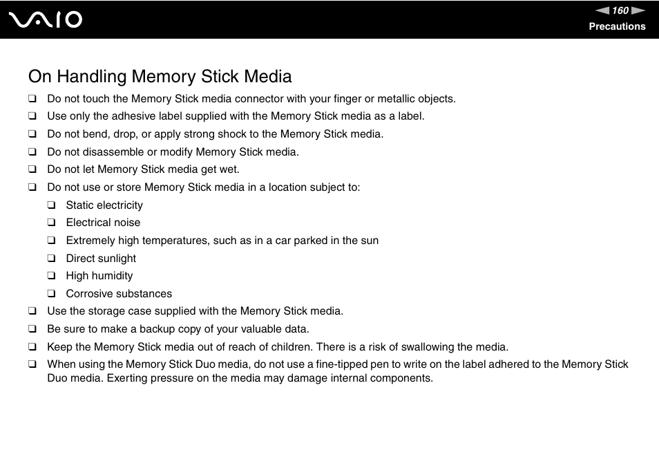 On handling memory stick media | Sony VGN-TZ10 User Manual | Page 160 / 226