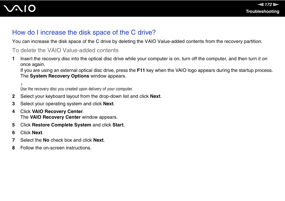 How do i increase the disk space of the c drive | Sony VGN-TZ10 User Manual | Page 172 / 226