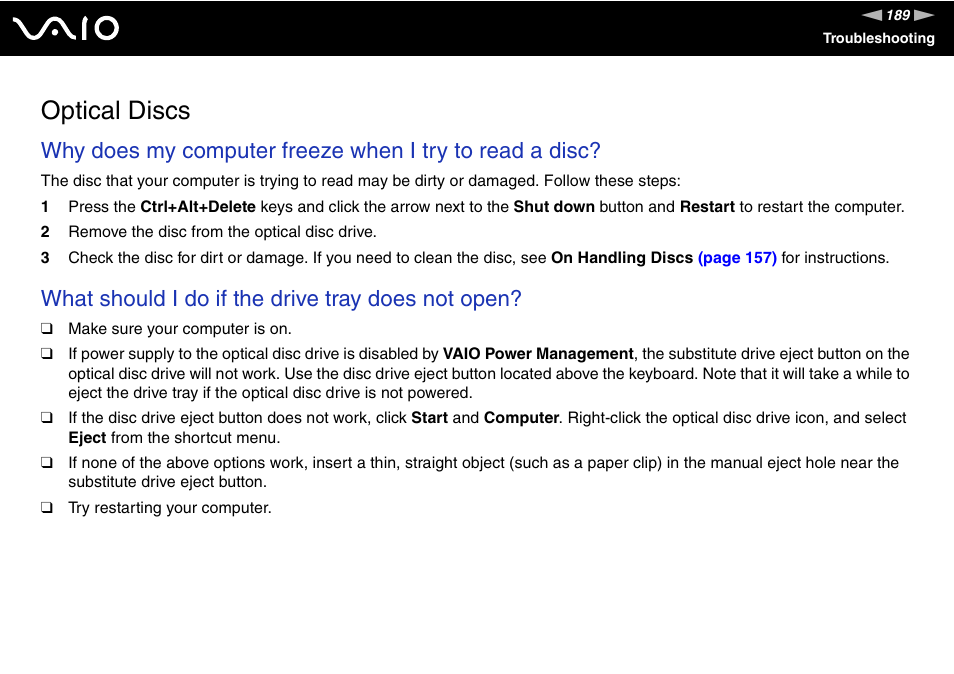 Optical discs, What should i do if the drive tray does not open | Sony VGN-TZ10 User Manual | Page 189 / 226