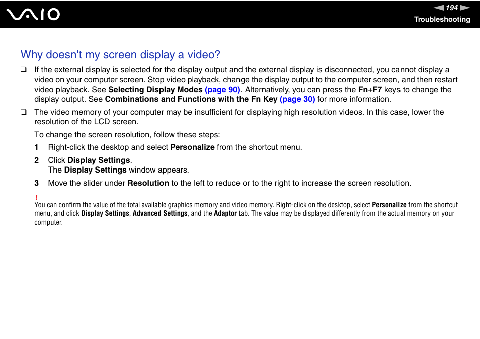 Why doesn't my screen display a video | Sony VGN-TZ10 User Manual | Page 194 / 226