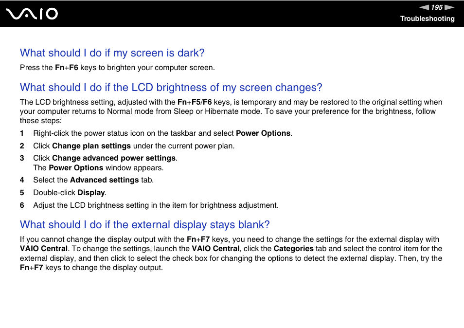 What should i do if my screen is dark | Sony VGN-TZ10 User Manual | Page 195 / 226