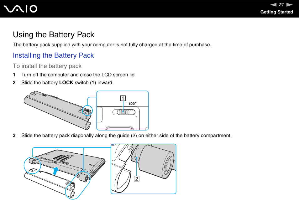 Using the battery pack, Installing the battery pack | Sony VGN-TZ10 User Manual | Page 21 / 226