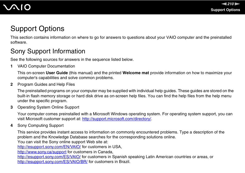 Support options, Sony support information | Sony VGN-TZ10 User Manual | Page 210 / 226