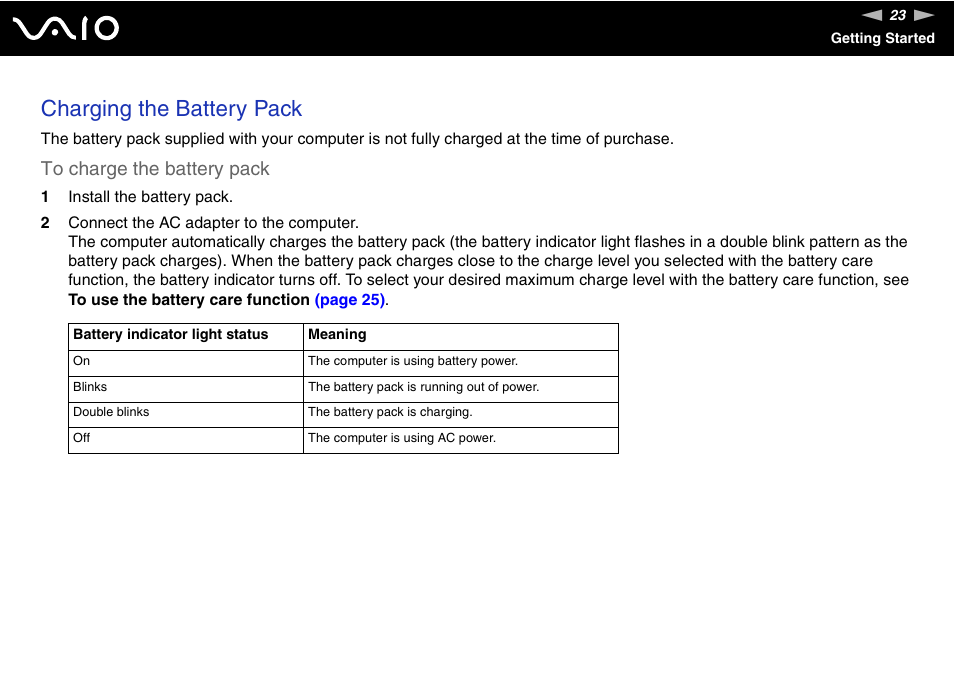 Charging the battery pack | Sony VGN-TZ10 User Manual | Page 23 / 226