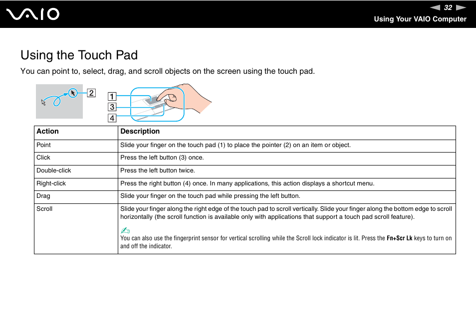 Using the touch pad | Sony VGN-TZ10 User Manual | Page 32 / 226