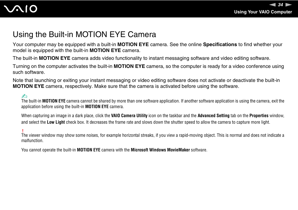 Using the built-in motion eye camera | Sony VGN-TZ10 User Manual | Page 34 / 226