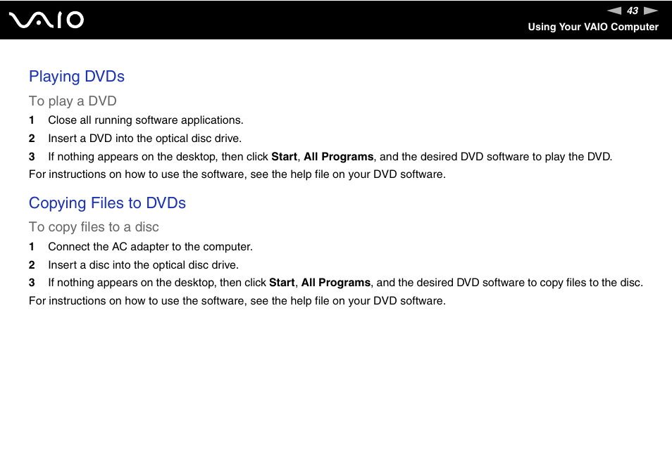 Playing dvds, Copying files to dvds | Sony VGN-TZ10 User Manual | Page 43 / 226