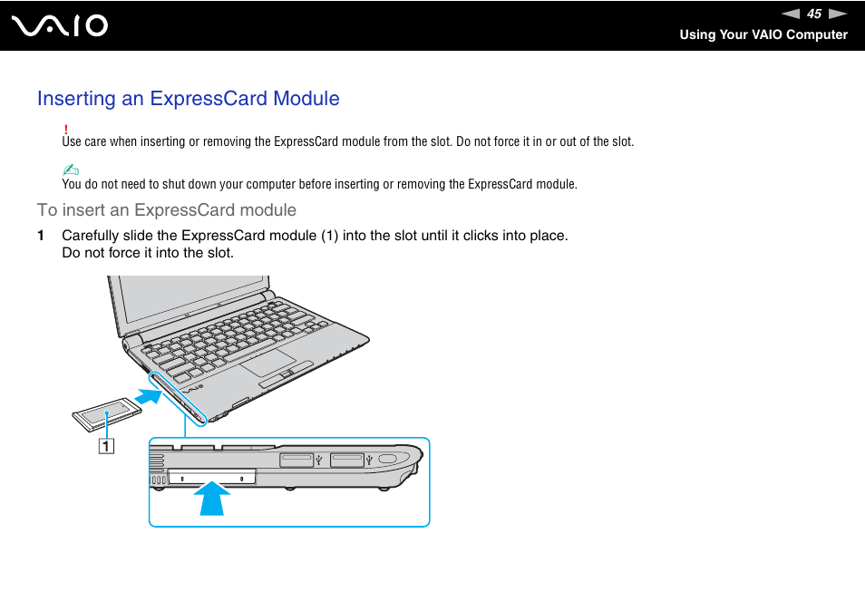 Inserting an expresscard module | Sony VGN-TZ10 User Manual | Page 45 / 226