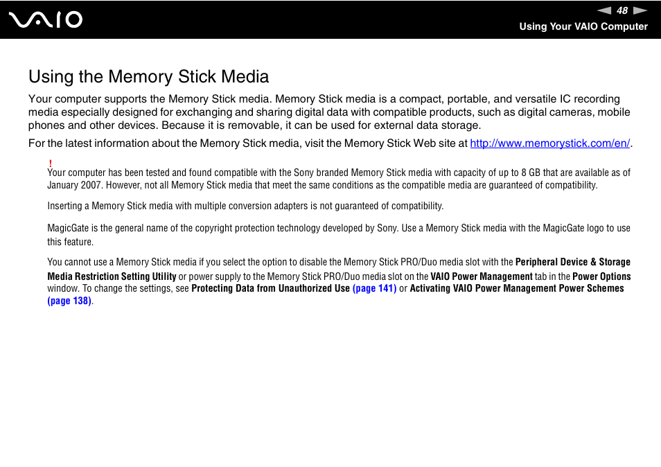 Using the memory stick media | Sony VGN-TZ10 User Manual | Page 48 / 226