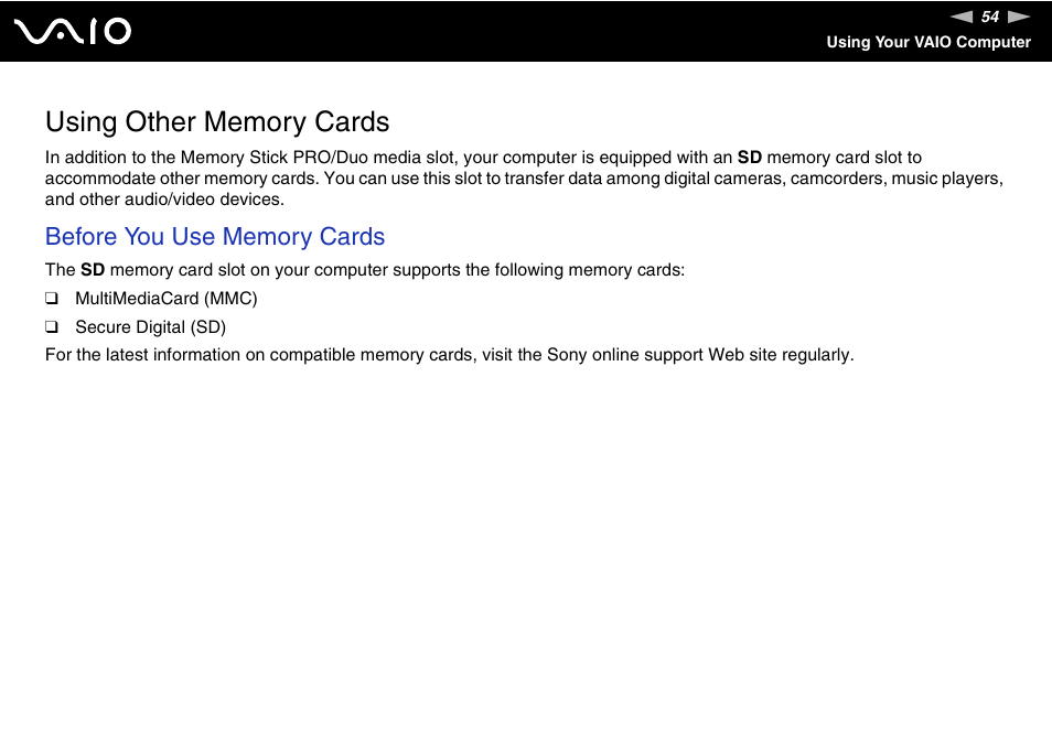 Using other memory cards | Sony VGN-TZ10 User Manual | Page 54 / 226